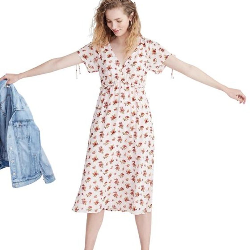 Madewell Pink Floral Tie-Sleeve Ruffle-Waist Dress